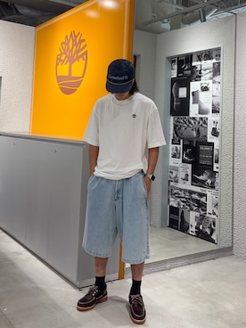 「Timberland（ティンバーランド）のメッシュ トラッカー キャップ（キャップ、ブルー系）」を使った、YRさん（メンズ・173cm）の夏コーディネート