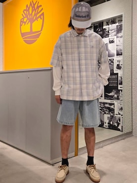 「Timberland（ティンバーランド）のメッシュ トラッカー キャップ（キャップ、グレー系）」を使った、YRさん（メンズ・173cm）の夏コーディネート