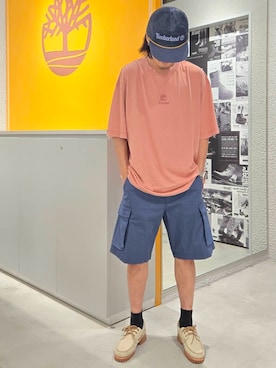 「Timberland（ティンバーランド）のメッシュ トラッカー キャップ（キャップ、ブルー系）」を使った、YRさん（メンズ・173cm）の夏コーディネート