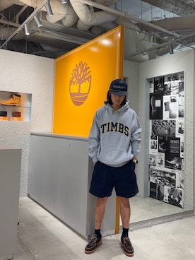 「Timberland（ティンバーランド）のメッシュ トラッカー キャップ（キャップ、ブルー系）」を使った、YRさん（メンズ・173cm）の夏コーディネート
