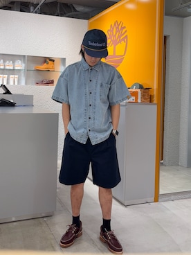 「Timberland（ティンバーランド）のメッシュ トラッカー キャップ（キャップ、ブルー系）」を使った、YRさん（メンズ・173cm）の夏コーディネート