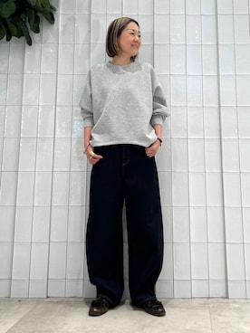「B.C STOCK（ベーセーストック）の《追加7》ウォッシャブル / DU JOUR / デュ ジュール BARREL BAGGY JEAN（デニムパンツ、ブルー系）」を使った、suuさん（レディース・158cm）の冬コーディネート