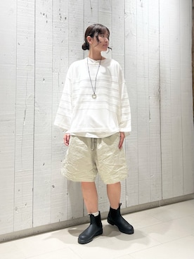 「JOURNAL STANDARD LUXE（ジャーナルスタンダード　ラックス）のシアーボーダー ボートネックプルオーバー（ニット/セーター、ホワイト系）」を使った、N.Hさん（レディース・162cm）の春コーディネート