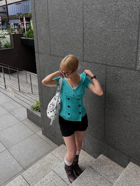 「WHO'S WHO gallery（フーズフーギャラリー）のアイテム（その他トップス、ブルー系）」を使った、hanaさん（レディース・155cm）の夏コーディネート