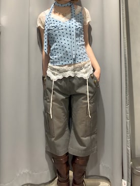 「WHO'S WHO gallery（フーズフーギャラリー）のタイ付きドットキャミ（キャミソール、ブルー系）」を使った、hanaさん（レディース・155cm）の春コーディネート
