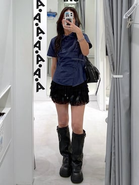 「3.3 Field Trip （3.3フィールドトリップ）の3.3 Field Trip／フリルレースショートパンツ(インパン付)（その他パンツ、ブラック系）」を使った、あいさん（レディース・159cm）の夏コーディネート