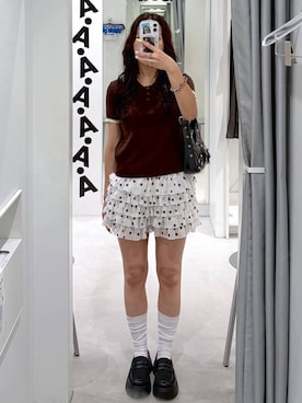 「3.3 Field Trip （3.3フィールドトリップ）の3.3 Field Trip／フリルレースショートパンツ(インパン付) 無地・ドット・レオパード・チェック（その他パンツ、その他）」を使った、あいさん（レディース・159cm）の夏コーディネート