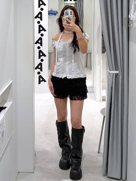 「3.3 Field Trip （3.3フィールドトリップ）の3.3 Field Trip／フリルレースショートパンツ(インパン付)（その他パンツ、ブラック系）」を使った、あいさん（レディース・159cm）の夏コーディネート