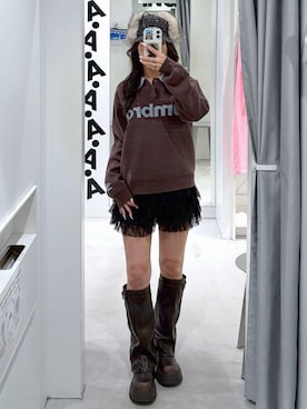 「ALAND（エーランド）の【UNISEX】ALAND×UMBRO／ジャガードニットポロ（ニット/セーター、ブラウン系）」を使った、あいさん（レディース・159cm）の夏コーディネート