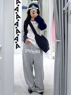 「ALAND（エーランド）の【UNISEX】ALAND×UMBRO／裏毛バレルパンツ（SET UP着用可能）（スウェットパンツ、グレー系）」を使った、あいさん（レディース・159cm）の夏コーディネート