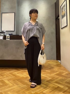 「Jena espace merveilleux（ジェナ　エスパスメルヴェイユ）の【サラサラ半袖デニム】テンセルフレンチシャツ（シャツ/ブラウス、グレー系）」を使った、haruokhさん（レディース・156cm）の夏コーディネート