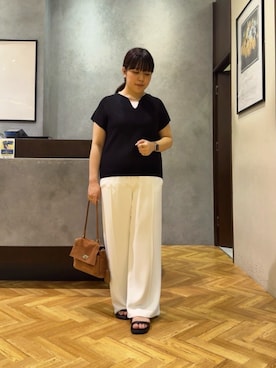 「Jena espace merveilleux（ジェナ　エスパスメルヴェイユ）のカタアゼフレンチニット（ニット/セーター、ブラック系）」を使った、haruokhさん（レディース・156cm）の夏コーディネート