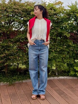 「UNTITLED（アンタイトル）の【11色展開/コットン100/アンサンブル可能】クルーカーディガン（カーディガン/ボレロ、レッド系）」を使った、yukktsumiさん（レディース）の夏コーディネート