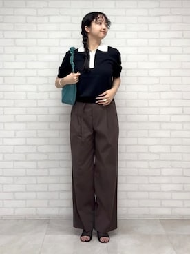 「UNTITLED（アンタイトル）の【トレンド/きれいめ】5分袖ポロニット（ニット/セーター、ブラック系）」を使った、yukktsumiさん（レディース）の夏コーディネート