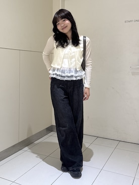 「FREE'S MART（フリーズマート）の◆レイヤード風裾レース長袖カットソー（Tシャツ/カットソー、ホワイト系）」を使った、mashiroさん（レディース・159cm）の夏コーディネート