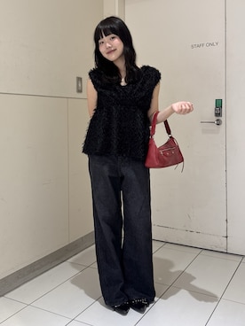 「FREE'S MART（フリーズマート）の◆＜ＭＦＭ＞カットジャガードカシュクールブラウス（シャツ/ブラウス、ブラック系）」を使った、mashiroさん（レディース・159cm）の夏コーディネート