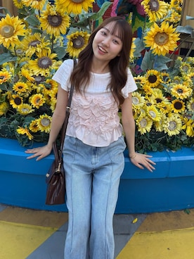 「LOWRYS FARM（ローリーズファーム）のシャーリングビスチェ　1046445（ベスト、ピンク系）」を使った、honon.さん（レディース）の夏コーディネート