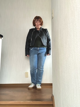 「SPINNS（スピンズ）のアイテム（ライダースジャケット、ブラック系）」を使った、tmgaさん（レディース・154cm）の秋コーディネート