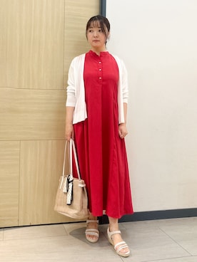 「grove（グローブ）の【低身長さんも選べる着丈・洗濯機◎】テントラインワンピース（ワンピース、レッド系）」を使った、YOさん（レディース・157cm）の夏コーディネート