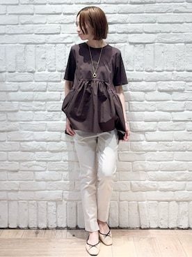 「OPAQUE.CLIP（オペークドットクリップ）の◆ペプラムドッキングカットソー【洗濯機洗い可】（Tシャツ/カットソー）」を使った、yさん（レディース・157cm）の春コーディネート