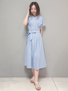 「index（インデックス）の【接触冷感／UV】ストライプタックシャツワンピース《洗濯機OK》（ワンピース、ブルー系）」を使った、yさん（レディース・157cm）の夏コーディネート