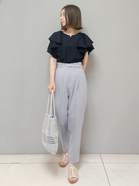 「index（インデックス）の【接触冷感】ダブルフレアキーネックトップス《UVケア／洗濯機OK》（Tシャツ/カットソー、ブルー系）」を使った、yさん（レディース・157cm）の春コーディネート