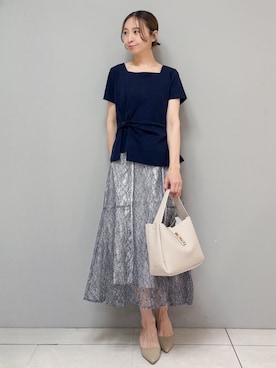 「index（インデックス）の【接触冷感／UVケア】スクエアネックリボントップス《洗濯機OK》（Tシャツ/カットソー、ブルー系）」を使った、yさん（レディース・157cm）の夏コーディネート