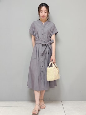 「index（インデックス）の【接触冷感／UV】ストライプタックシャツワンピース《洗濯機OK》（ワンピース、レッド系）」を使った、yさん（レディース・157cm）の夏コーディネート