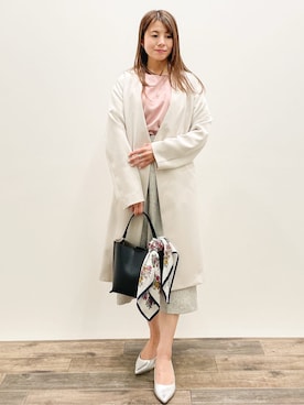 「アイテム（ノーカラーコート、ベージュ系）」を使った、Asukaさん（レディース・149cm）の春コーディネート