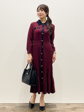 「index（インデックス）のポロニットワンピース【洗濯機OK／抗ピル】（ワンピース、レッド系）」を使った、Asukaさん（レディース・149cm）の秋コーディネート