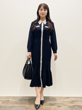 「index（インデックス）のポロニットワンピース【洗濯機OK／抗ピル】（ワンピース、ブルー系）」を使った、Asukaさん（レディース・149cm）の秋コーディネート