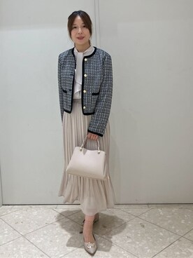 「index（インデックス）のファンシーツイードノーカラージャケット【洗える】（ノーカラージャケット、ブラック系）」を使った、Maruさん（レディース・159cm）の冬コーディネート