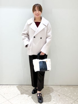 「index（インデックス）のブークレミドルコート【洗える】（ピーコート、ベージュ系）」を使った、Maruさん（レディース・159cm）の冬コーディネート