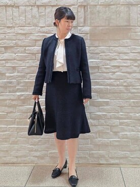 「index（インデックス）の《通勤/セットアップ対応》ノーカラーツイードジャケット【洗濯機OK】（ノーカラージャケット、ブルー系）」を使った、mamiさん（レディース・160cm）の冬コーディネート