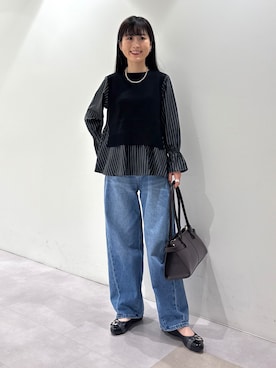 「INDIVI（インディヴィ）の【洗える／1枚でコーデ完成】重ね着風ニットトップス（Tシャツ/カットソー、ブラック系）」を使った、KEIKOさん（レディース・152cm）の秋コーディネート