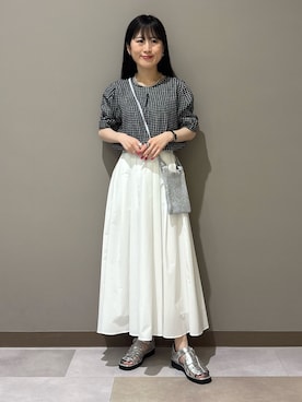 「INDIVI（インディヴィ）の【UVケア／吸汗速乾】チェック柄タックボリュームスリーブトップス（Tシャツ/カットソー、ブラック系）」を使った、KEIKOさん（レディース・152cm）の夏コーディネート
