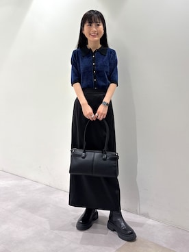 「INDIVI（インディヴィ）の【5分袖／配色デザイン】モールヤーン襟付きニット（ニット/セーター、ブルー系）」を使った、KEIKOさん（レディース・152cm）の秋コーディネート