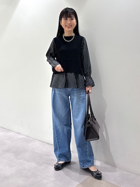 「INDIVI（インディヴィ）の【洗える／1枚でコーデ完成】重ね着風ニットトップス（Tシャツ/カットソー、ブラック系）」を使った、KEIKOさん（レディース・152cm）の秋コーディネート