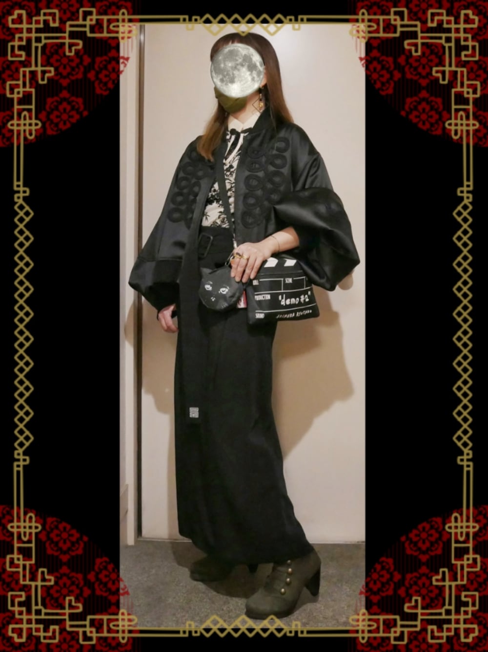「&ellecy、the Closet、チャイナシャツ、黒猫」｜「&ellecyのナポレオンブルゾン（ブルゾン、ブラック系）」を使った、ｙｋｔｓさん（レディース・152cm）の秋コーディネートの1枚目の写真