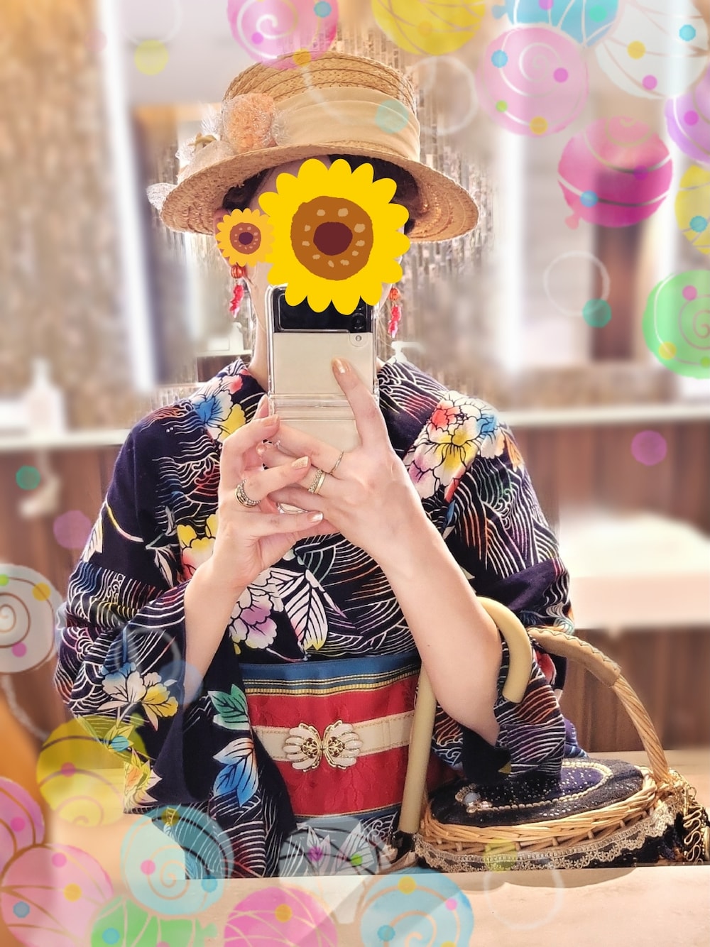 「Coco&Ami、浴衣、注染、かごバッグ、麦わら帽子」｜「古着のアイテム（浴衣、その他）」を使った、ｙｋｔｓさん（レディース・152cm）の秋コーディネートの1枚目の写真
