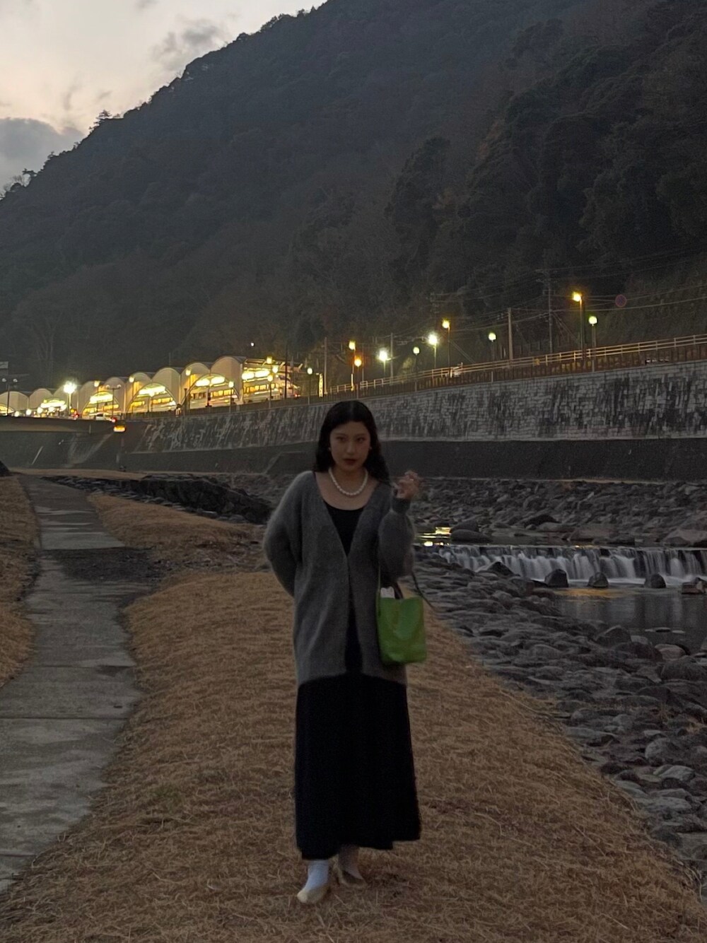 グレー系のカーディガン/ボレロ、ブラック系のスカート、グリーン系のバッグを着用したレディースの冬コーディネートの1枚目の写真