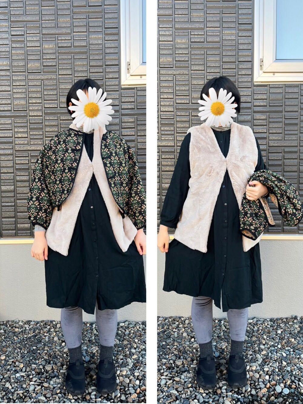 「ワンピーススタイル、マタニティ、休日スタイル、おしゃれさんと繋がりたい、いいね、save、フォローお願いします🤑、ファーベスト、ゆるコーデ、ラクチンコーデ、秋コーデ、高身長女子、プチプラ」｜「ESTACOTのアイテム（ベスト、グレー系）」を使った、ゆうさん（レディース・164cm）の秋コーディネートの1枚目の写真
