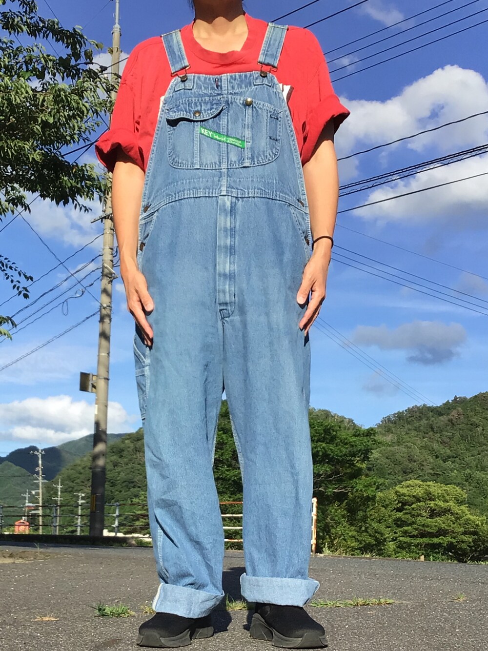 レッド系のTシャツ/カットソー、ブルー系のサロペット/オーバーオールを着用したメンズの夏コーディネートの1枚目の写真
