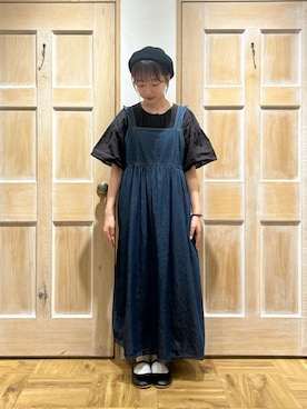 「デニムワンピース」｜「アイテム（ハンチング/ベレー帽）」を使った、ちえさん（レディース・156cm）の夏コーディネート