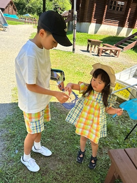 「BREEZE（ブリーズ）の【リンクコーデ可能】チェックリンクパンツ_5分丈（その他パンツ）」を使った、＊SK.HRR＊さん（キッズ・100cm）の秋コーディネート
