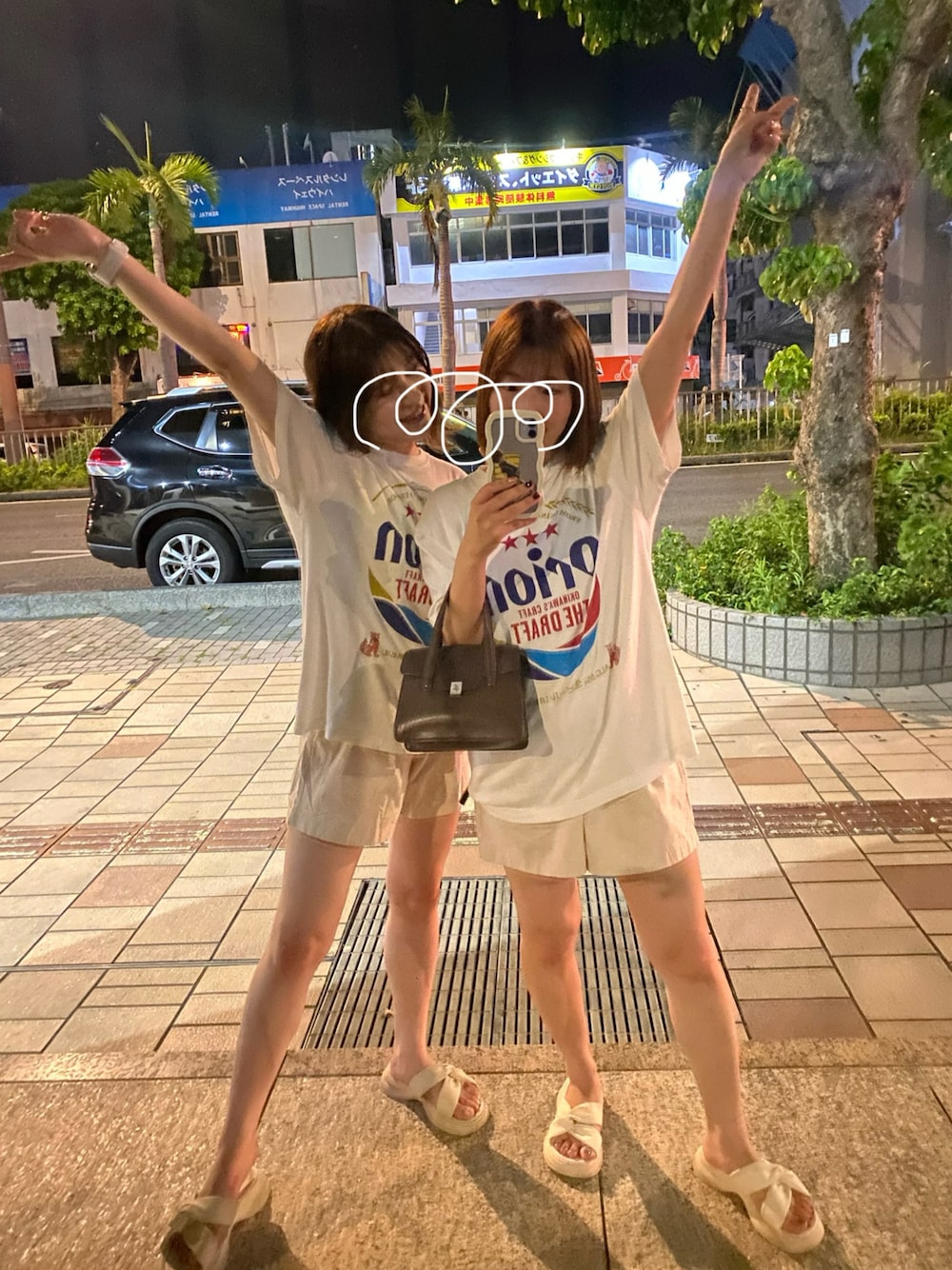 「沖縄旅行、沖縄、オリオンビールTシャツ、オリオンビール、おそろいコーデ、おそろコーデ、夏コーデ」｜「Miniministoreの厚底サンダル ミュールサンダル 美脚 夏（サンダル、ホワイト系）」を使った、nanakoさん（レディース・159cm）の冬コーディネートの1枚目の写真