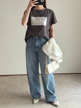 「Emma Taylor（エマテイラー）の【身体のラインを拾わない◎】シルクタッチスムースドルマンアソートプリントTシャツ（Tシャツ/カットソー、グレー系）」を使った、STYLEDOORさん（レディース・165cm）の夏コーディネート