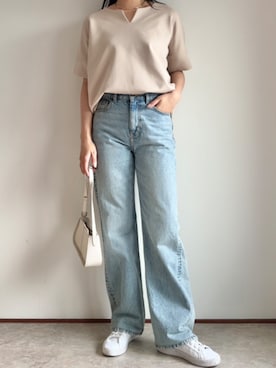「Emma Taylor（エマテイラー）のネックが選べる！ライトダンボールダブルスリーブプルオーバー（Tシャツ/カットソー、ベージュ系）」を使った、STYLEDOORさん（レディース・165cm）の夏コーディネート