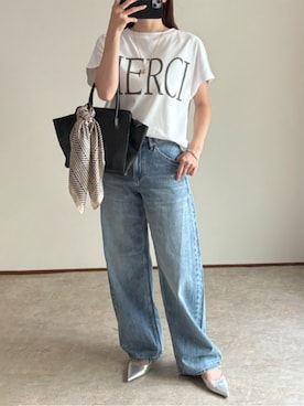 「Emma Taylor（エマテイラー）の【身体のラインを拾わない◎】シルクタッチスムースドルマンアソートプリントTシャツ（Tシャツ/カットソー、ホワイト系）」を使った、STYLEDOORさん（レディース・165cm）の夏コーディネート