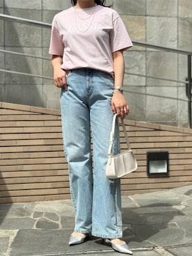 「Emma Taylor（エマテイラー）の【新色追加！】シルクタッチスムース大人ロゴプリントTシャツ（Tシャツ/カットソー、ピンク系）」を使った、STYLEDOORさん（レディース・157cm）の春コーディネート